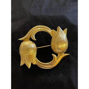 Monet Double Tulip Brushed Gold Brooch Vintage